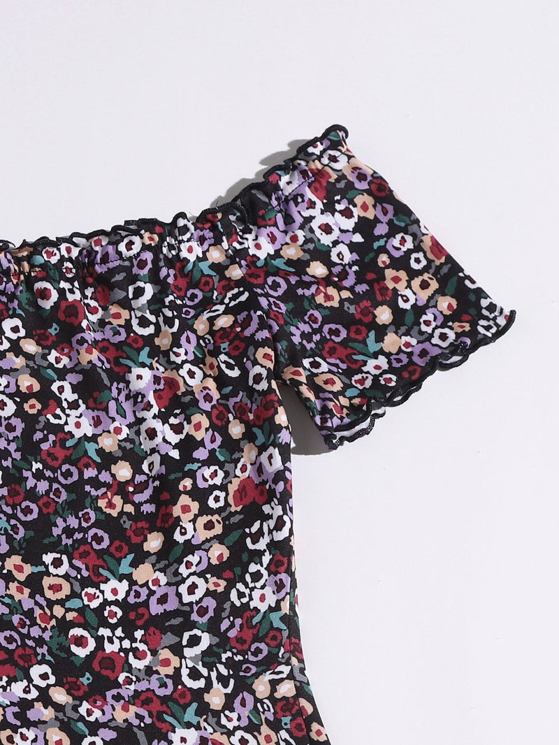 WYWH Vestido ajustado con estampado floral de hombros descubiertos ribete en forma de lechuga