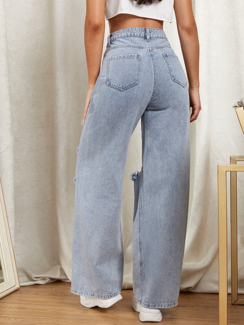 EZwear Jeans con cremallera con diseno de desgarro de pierna ancha