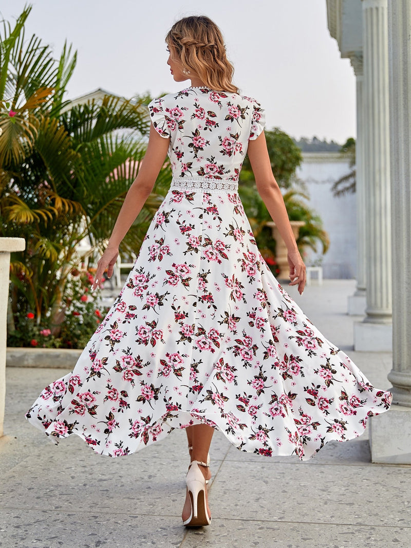 VCAY Vestido con estampado floral con encaje ribete con fruncido bajo irregular