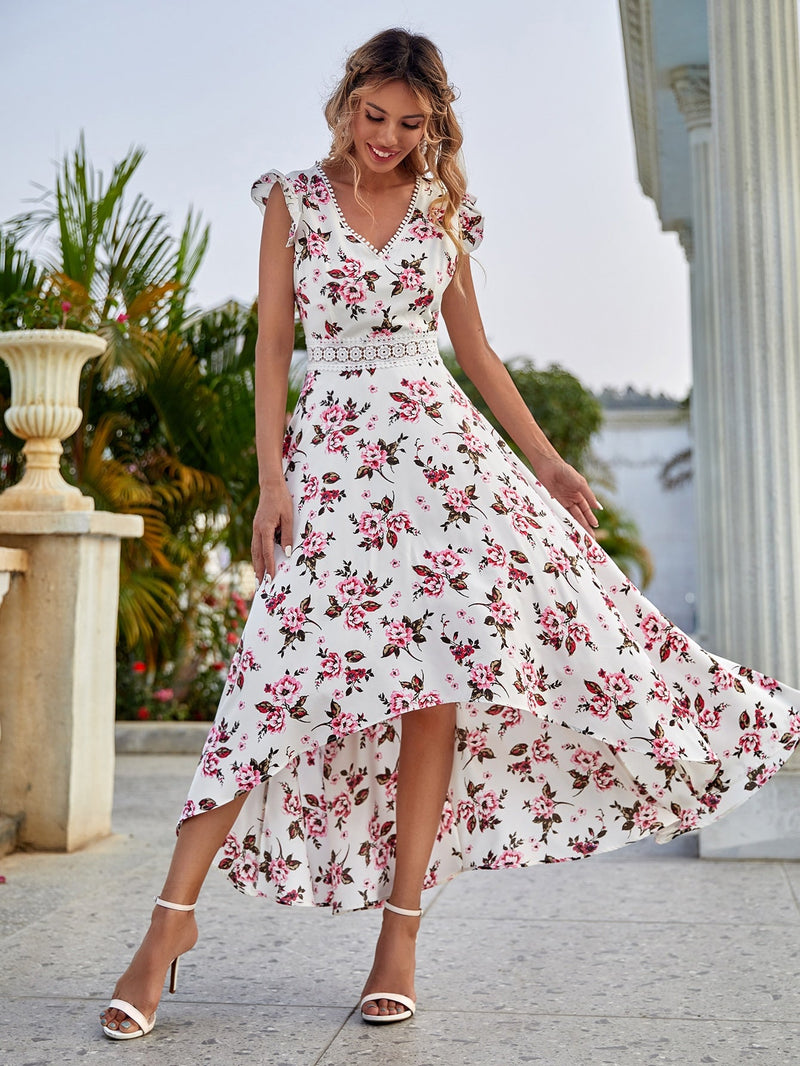 VCAY Vestido con estampado floral con encaje ribete con fruncido bajo irregular