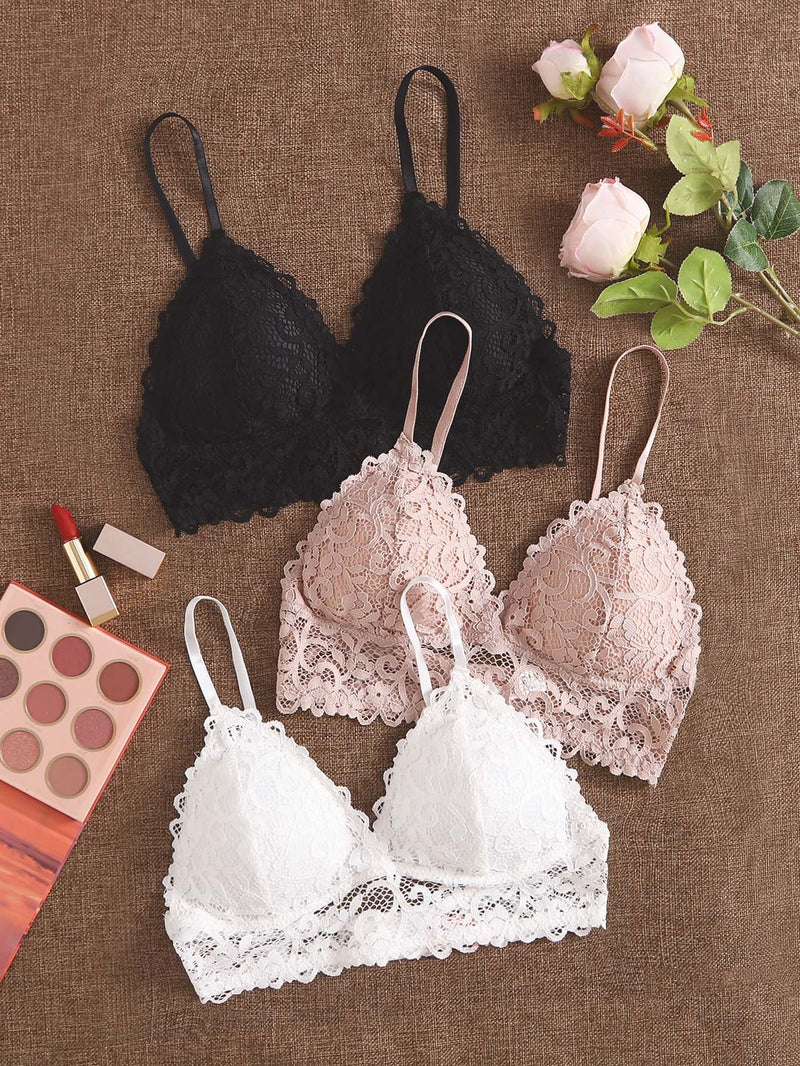 Conjunto De Sujetador Bralette De Encaje Floral De 3 Paquetes De Lenceria