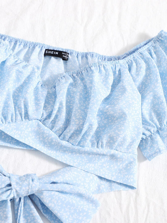 WYWH Top de manga farol de cintura con cordon con estampado de planta