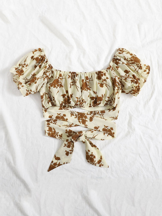 VCAY Top de manga farol de cintura con cordon floral