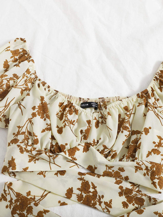 VCAY Top de manga farol de cintura con cordon floral