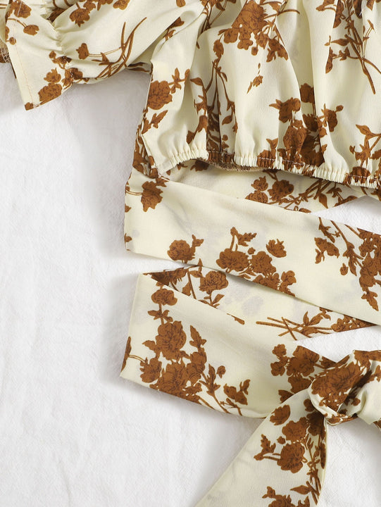 VCAY Top de manga farol de cintura con cordon floral