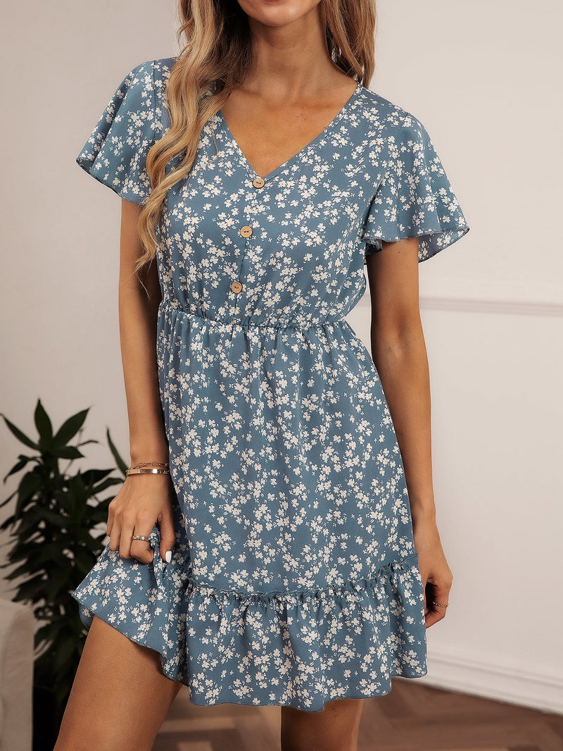 LUNE Vestido con estampado floral de manga mariposa bajo con fruncido