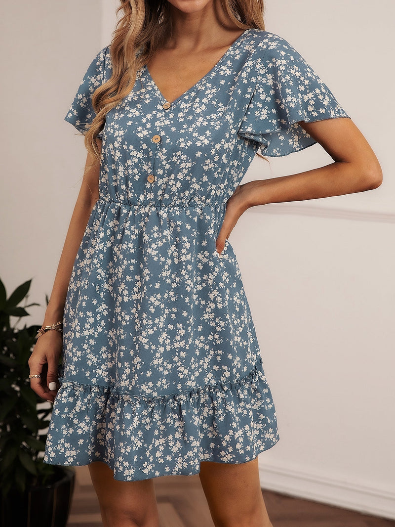 LUNE Vestido con estampado floral de manga mariposa bajo con fruncido