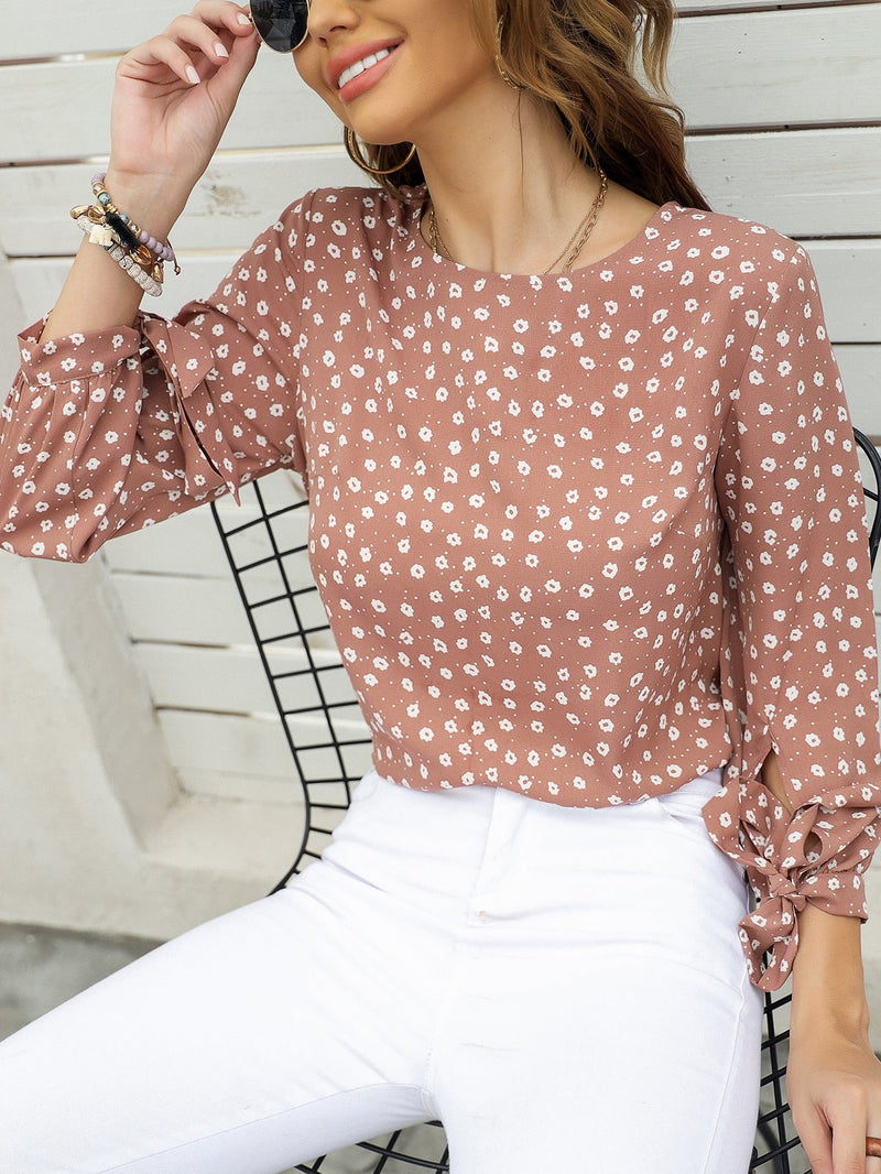 LUNE Blusa floral de espalda con abertura de ojo de puno con nudo