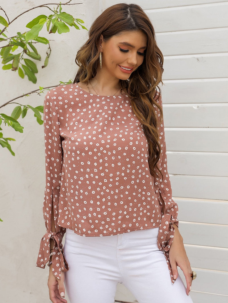 LUNE Blusa floral de espalda con abertura de ojo de puno con nudo