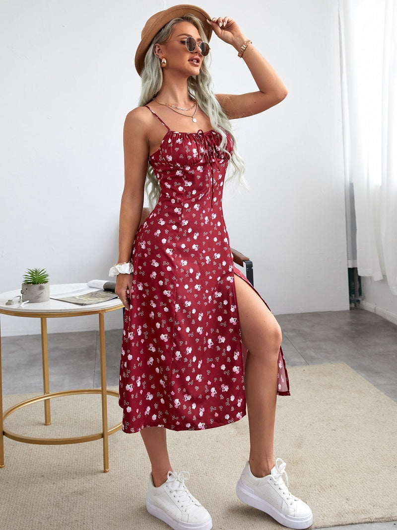 VCAY Vestido de tirantes con estampado floral pecho con fruncido bajo con abertura