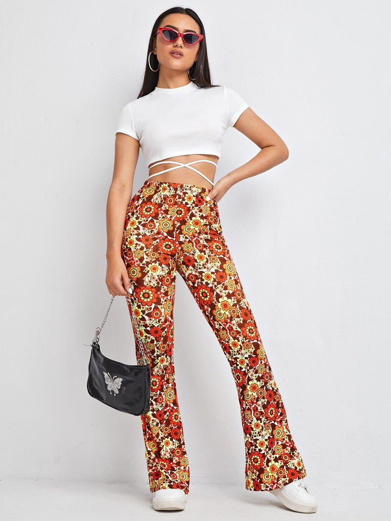 EZwear Pantalones Acampanados Con Estampado Floral En Todo El Pantalon