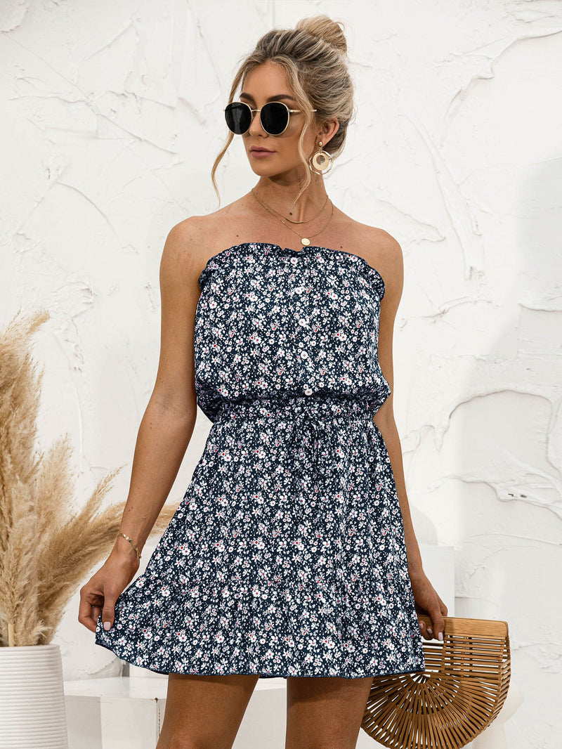 VCAY Vestido tubo con estampado floral con nudo bajo con fruncido