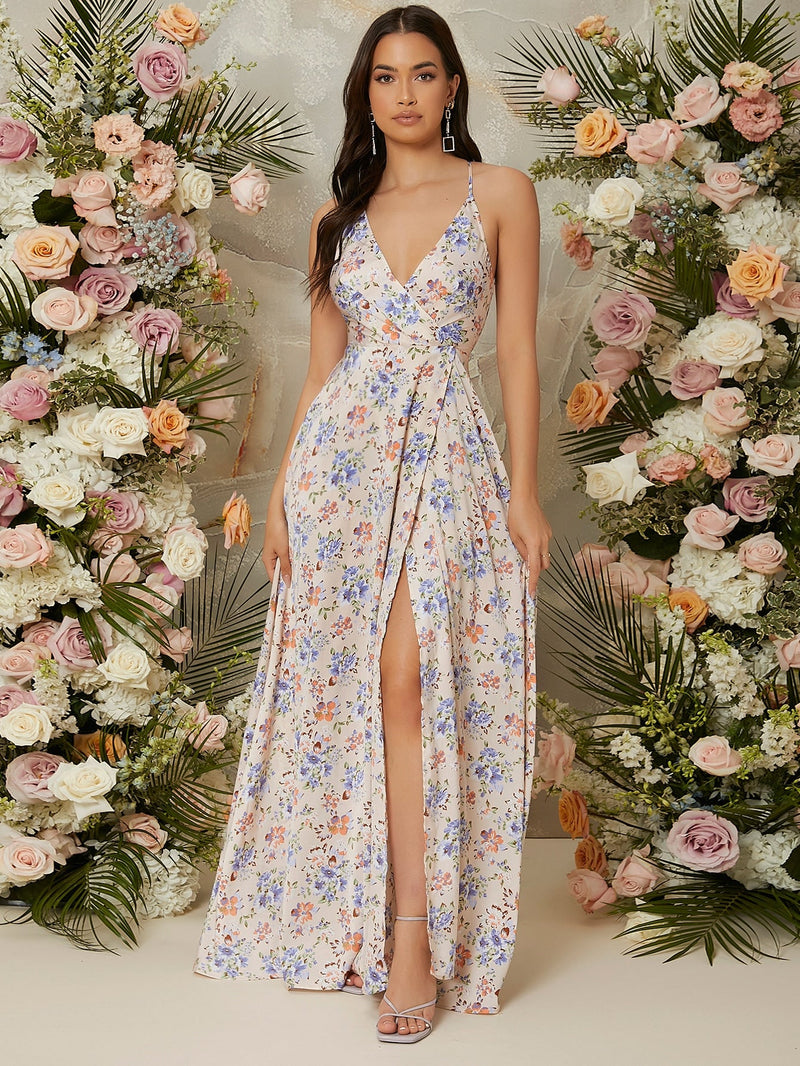 VCAY Vestido de tirantes con estampado floral de muslo con abertura