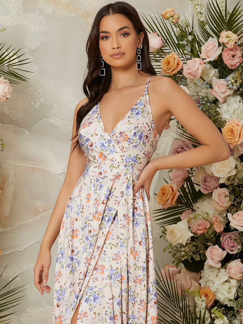 VCAY Vestido de tirantes con estampado floral de muslo con abertura