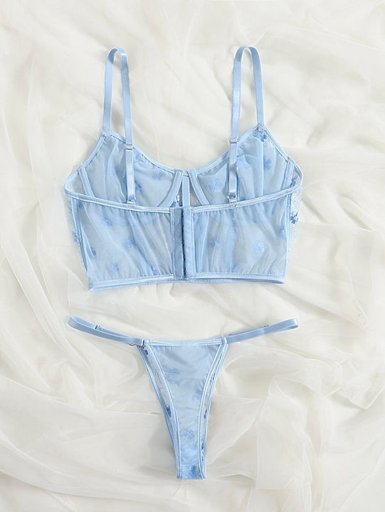 Conjunto De Lenceria Con Aros De Malla Bordada Con Flores