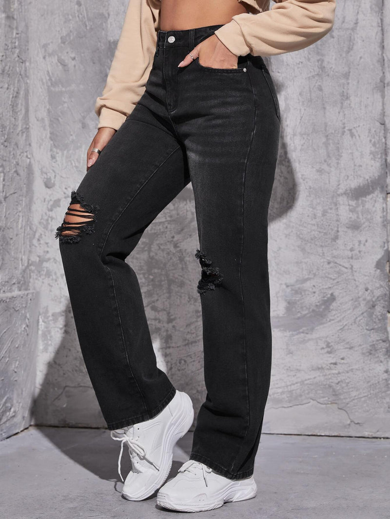 EZwear Jeans rotos de talle alto de pierna recta