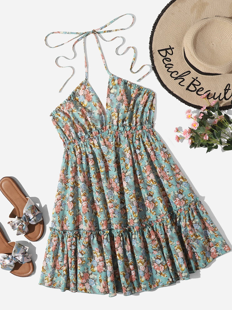 WYWH Vestido halter con estampado floral bajo con fruncido