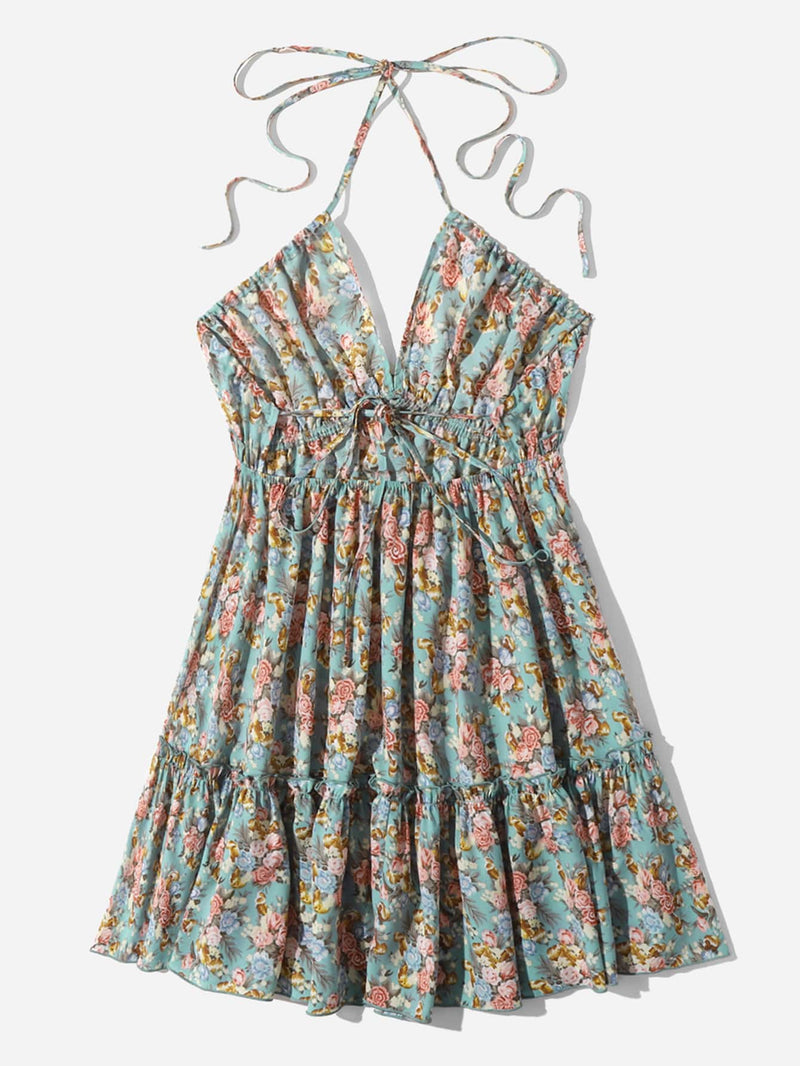 WYWH Vestido halter con estampado floral bajo con fruncido