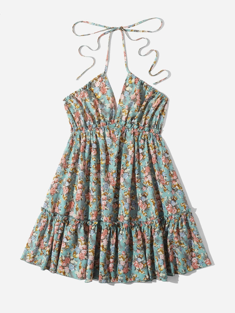 WYWH Vestido halter con estampado floral bajo con fruncido