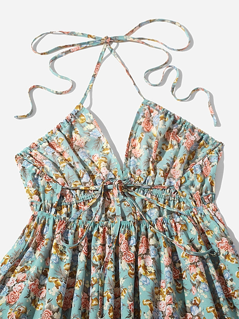 WYWH Vestido halter con estampado floral bajo con fruncido