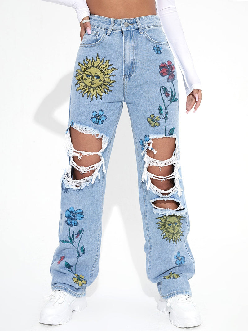 Jeans de pierna recta floral de talle alto