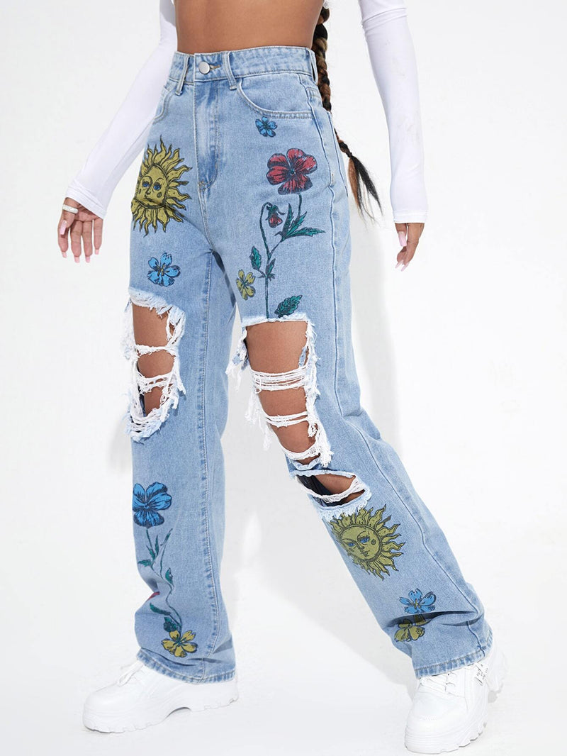 ICON Jeans de pierna recta floral de talle alto