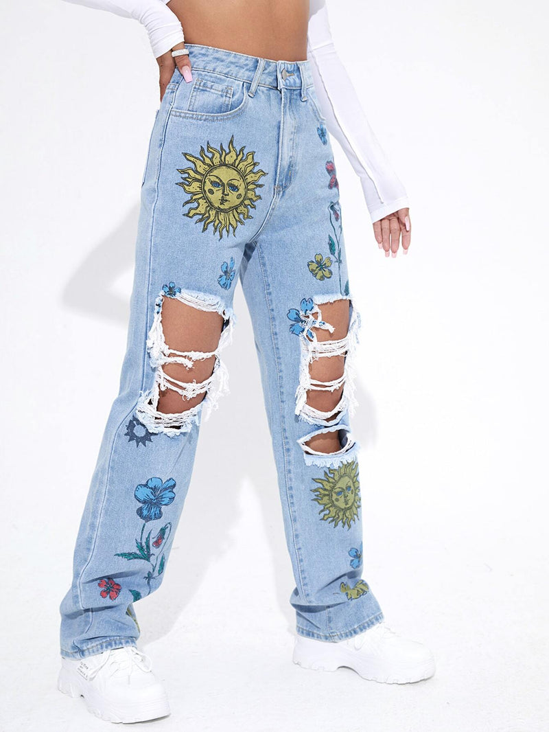 ICON Jeans de pierna recta floral de talle alto