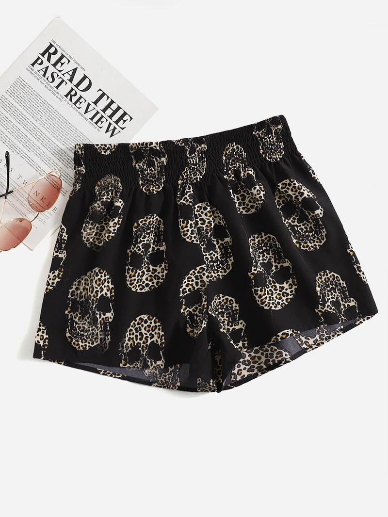 Shorts de leopardo estampado de esqueleto con fruncido