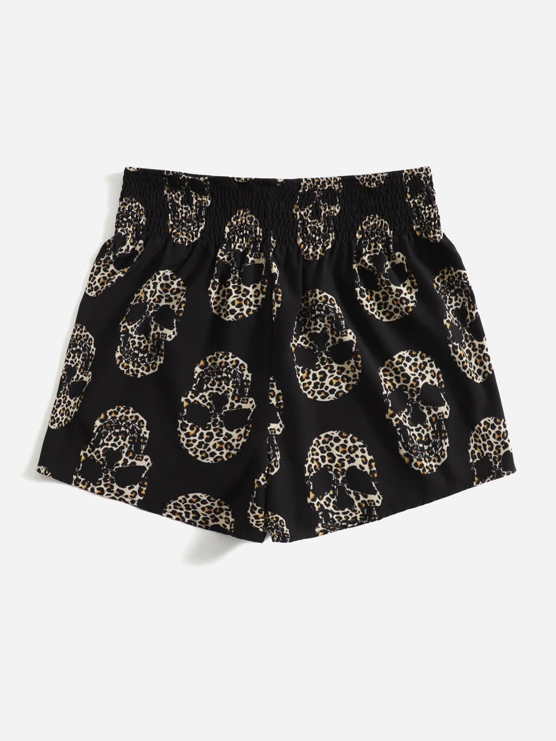 Shorts de leopardo estampado de esqueleto con fruncido