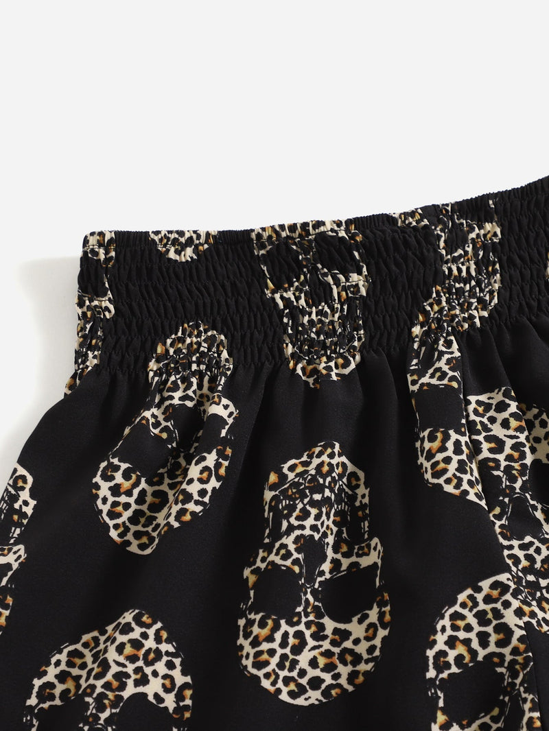 Shorts de leopardo estampado de esqueleto con fruncido