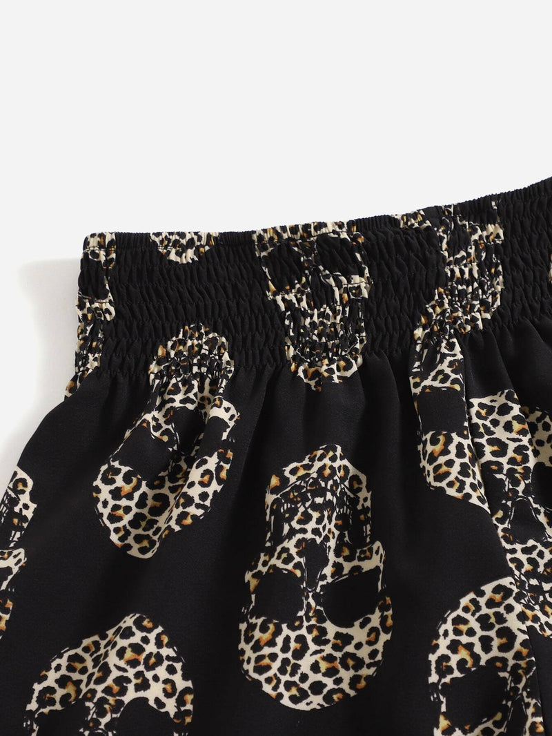 LUNE Shorts de leopardo estampado de esqueleto con fruncido