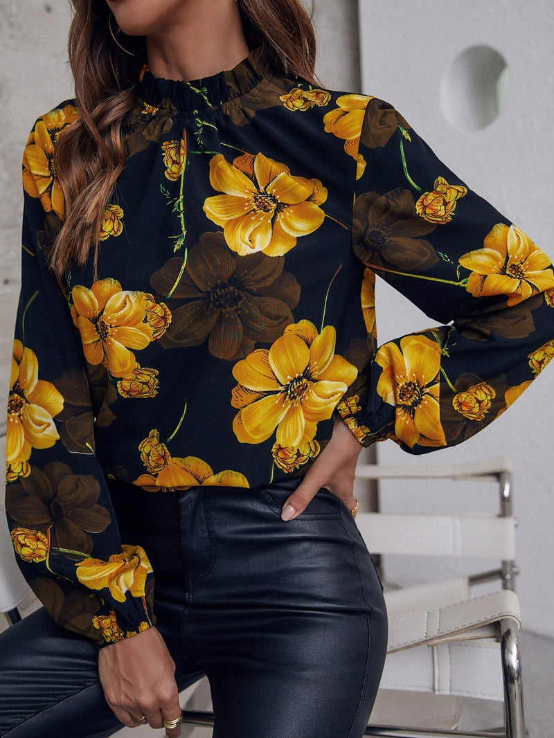 VCAY Blusa con estampado floral de cuello alto