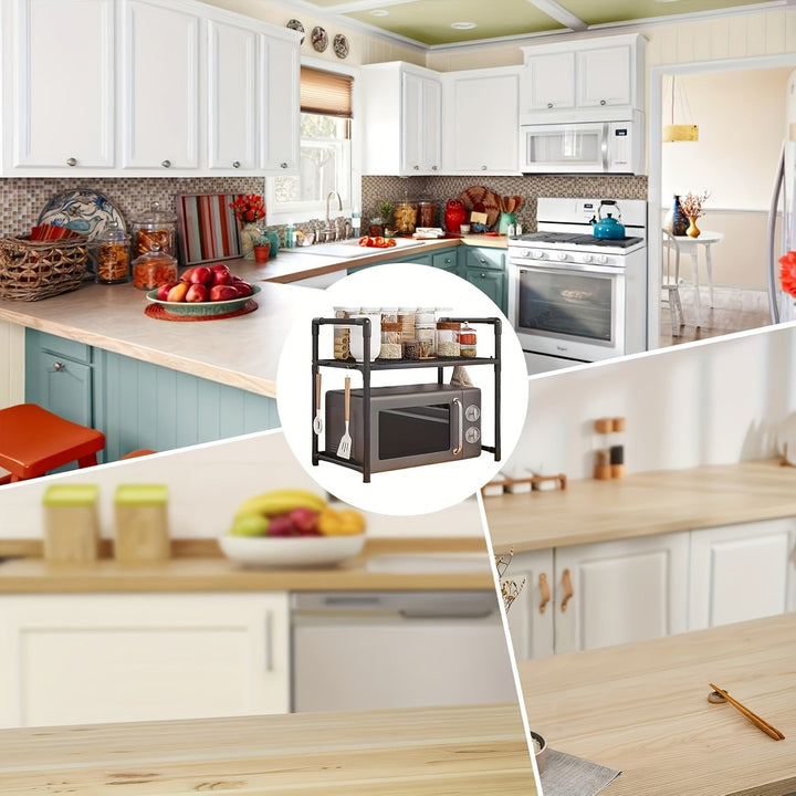 Estante de almacenamiento de cocina de varios niveles con ganchos, organizador de soporte de microondas de almacenamiento abierto, plástico duradero, no requiere ensamblaje, para especias, utensilios y electrodomésticos pequeños.