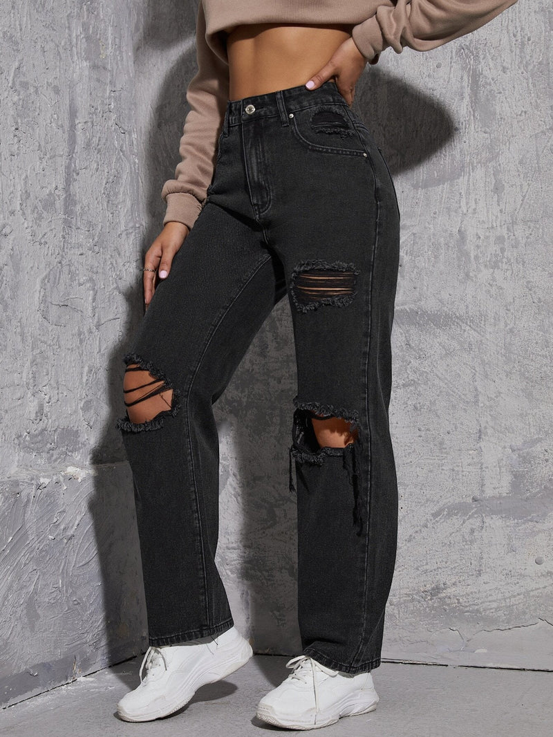 EZwear Jeans de pierna recta de talle alto rotos