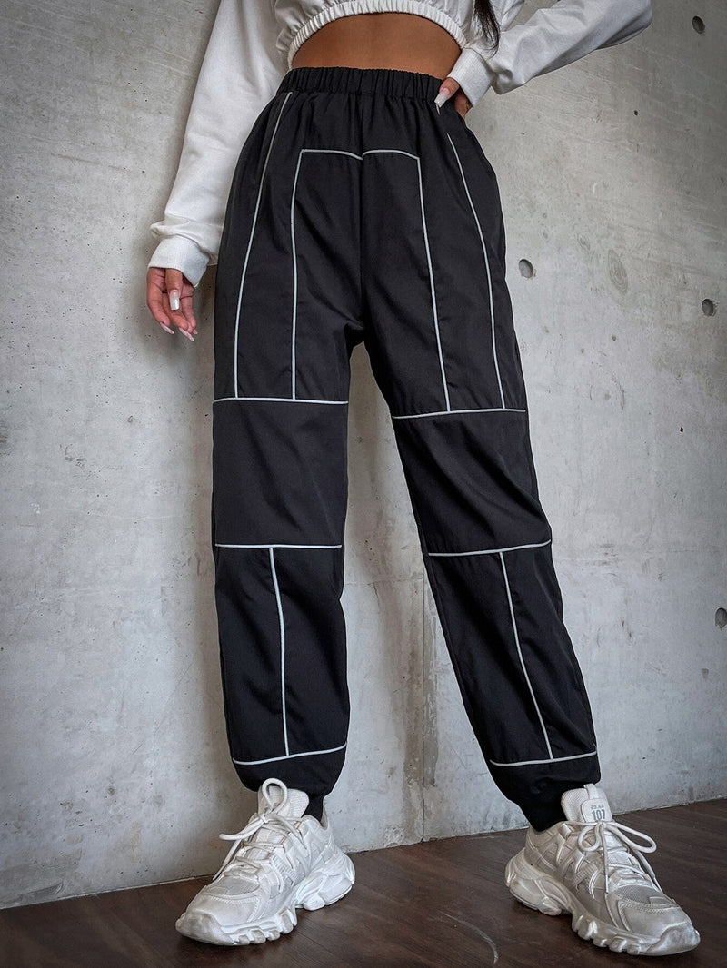 EZwear Pantalones cargo casuales deportivos para mujer con parche reflectante y rayas, ideales para festivales de musica