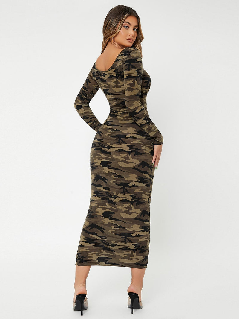 SXY Vestido ajustado de cuello scoop de camuflaje