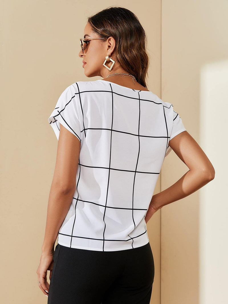 Blusa estampado de cuadros de cuello notch