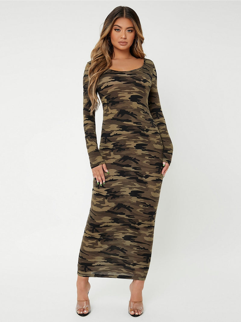 SXY Vestido ajustado de cuello scoop de camuflaje