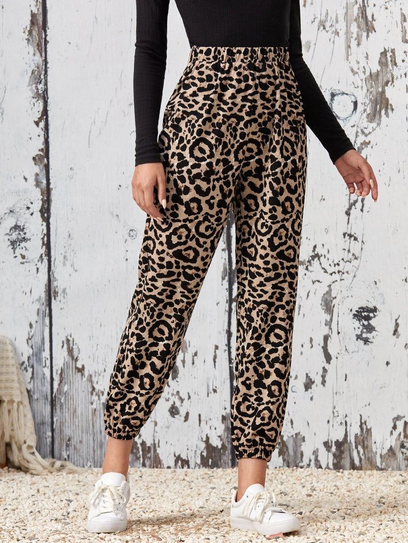 EMERY ROSE Pantalones zanahoria con estampado de leopardo de cintura elastica