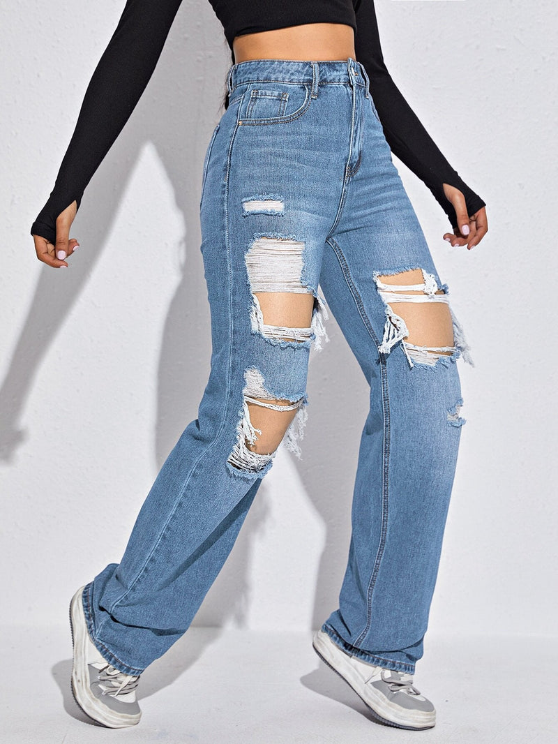 EZwear Jeans rectos de talle alto roto