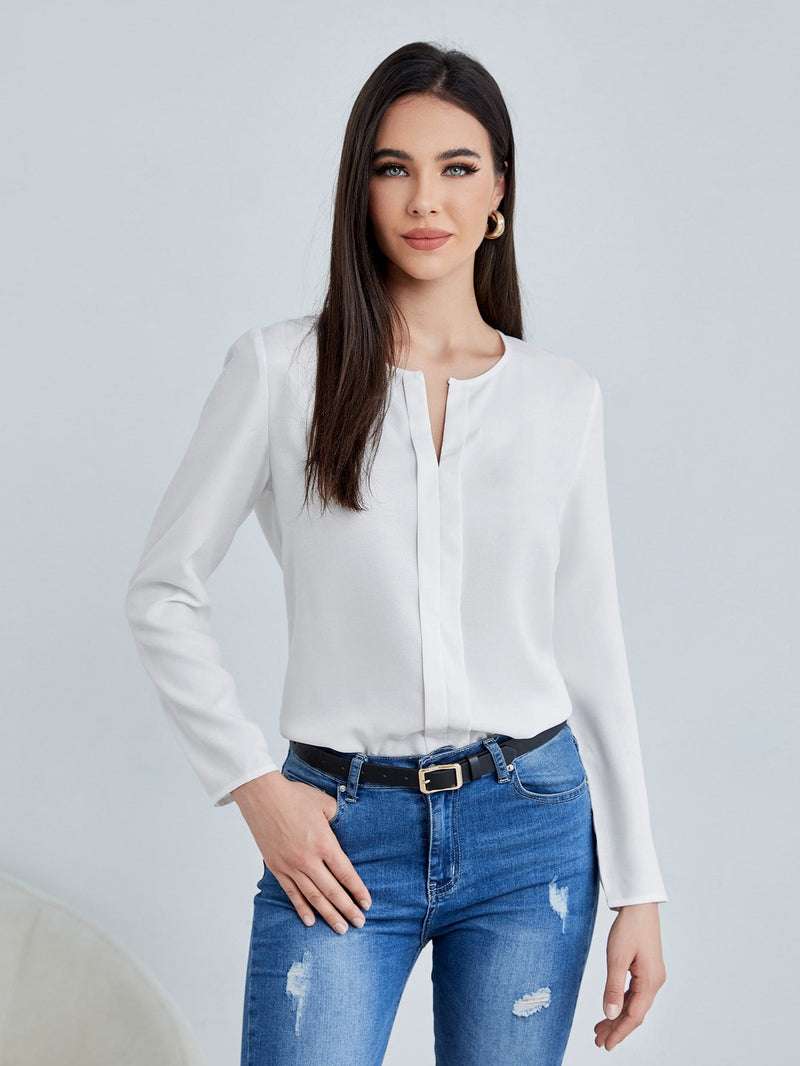 Clasi Blusa Blanca Con Cuello En V Solido Para Mujer