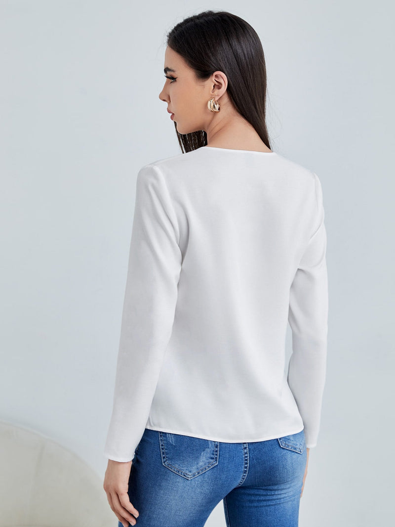 Clasi Blusa Blanca Con Cuello En V Solido Para Mujer