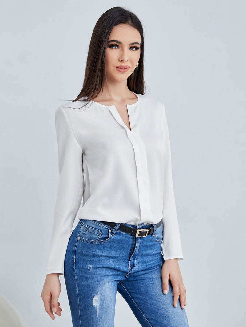 Clasi Blusa Blanca Con Cuello En V Solido Para Mujer