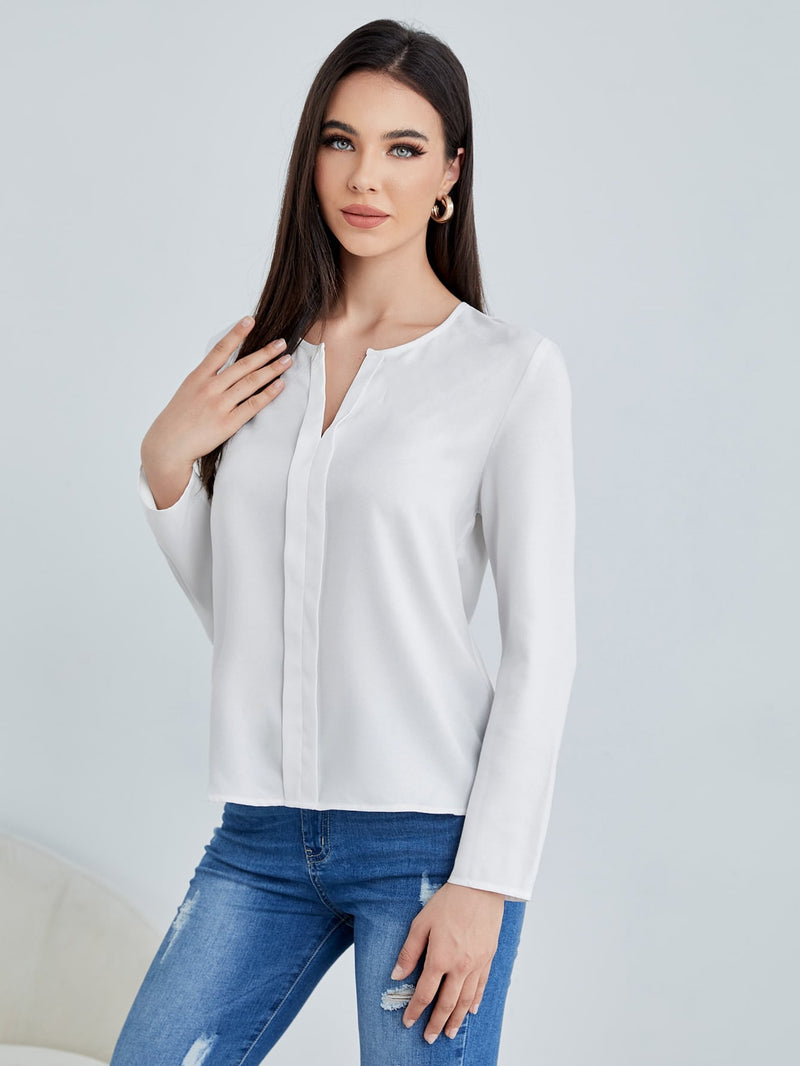 Clasi Blusa Blanca Con Cuello En V Solido Para Mujer