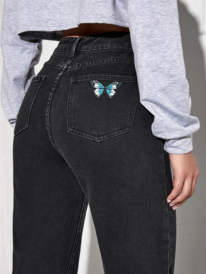 EZwear Jeans con estampado de mariposa de pierna ancha