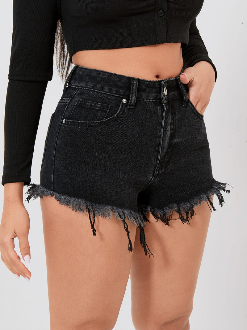 PETITE Shorts en mezclilla bajo crudo fuego con bordado