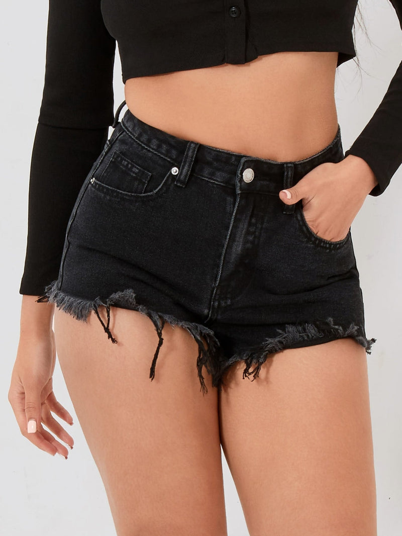 PETITE Shorts en mezclilla bajo crudo fuego con bordado