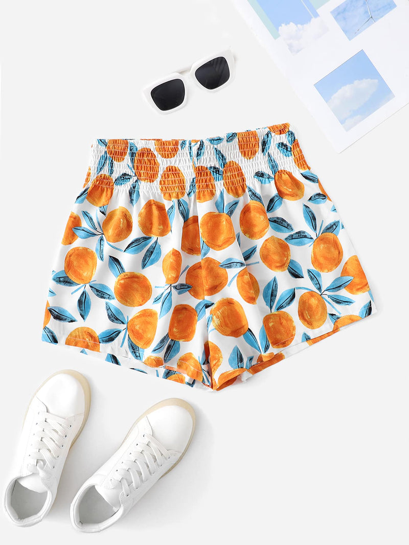 WYWH Shorts de cintura elastica con fruncido con estampado de naranja