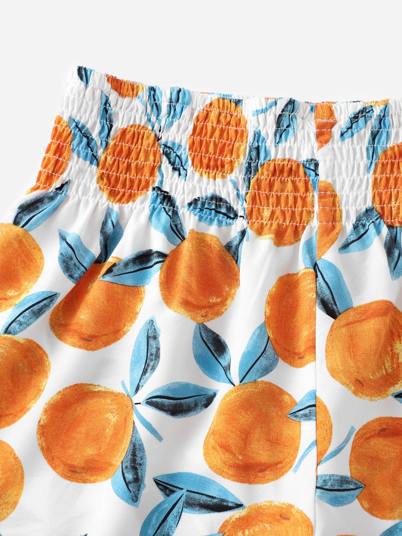 WYWH Shorts de cintura elastica con fruncido con estampado de naranja