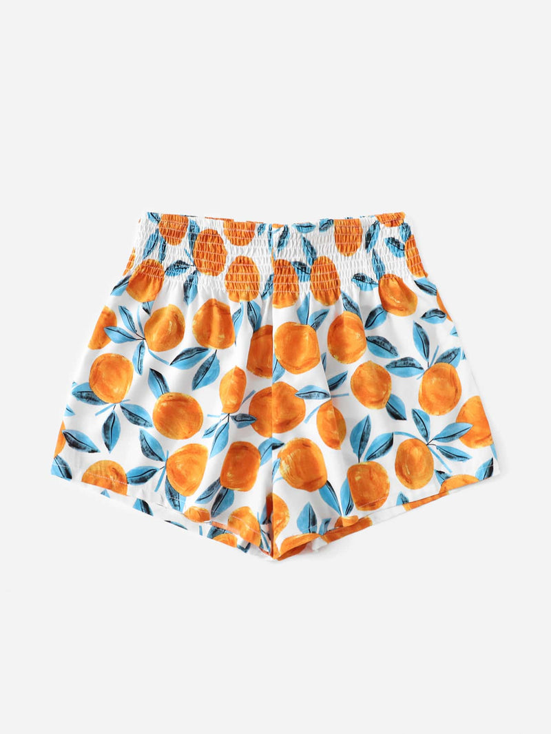 WYWH Shorts de cintura elastica con fruncido con estampado de naranja